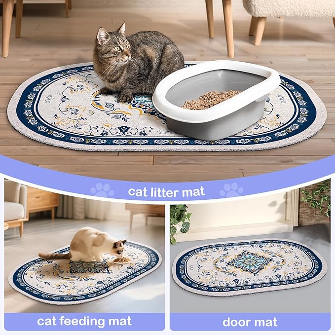 Bienbee Cat Litter Mat, 24" x 15" Litter Box Mat Rug with Non-Slip Bottom, Easy to Clean Cat Supplies Accessories Essentials for Indoor Kitty Kitten Floor, Blue M