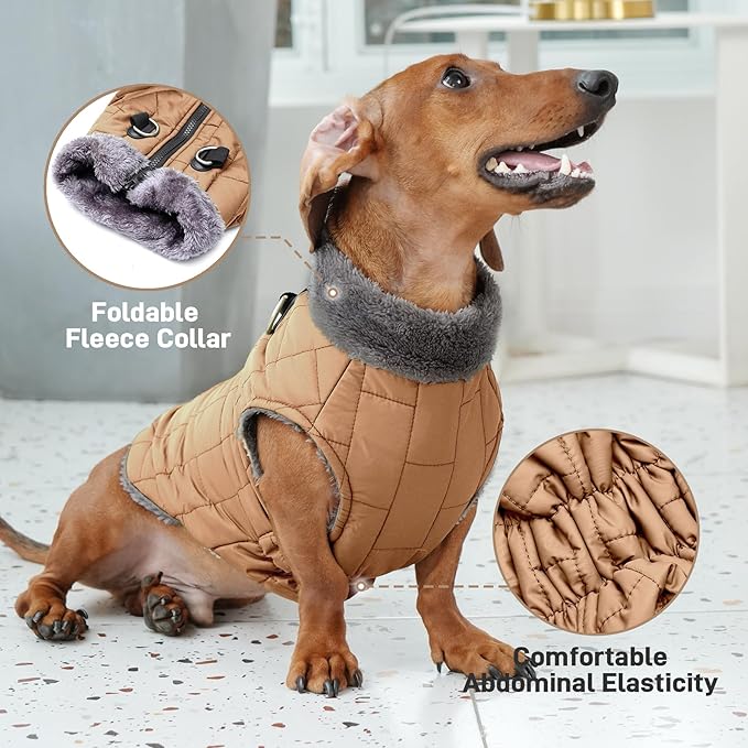 Warm Fleece Dog Coats with Durable Harness Buitl in D-Ring,Waterproof Doggie Jacket for Large Dogs,Dog Vest for Cold Winter,Burnished Khaki XXL