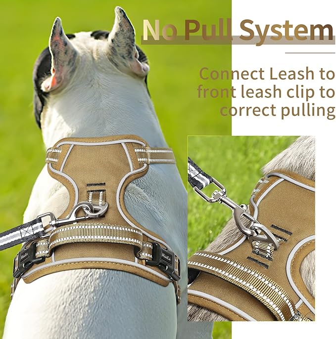 HEELE Dog Harness, Dog Harness for Small Medium Large Dogs No Pull Adjustable Padded Reflective Harness with Handle for Walking Training, Brown, S