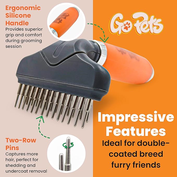 GoPets Double Row Dematting Rake Undercoat Deshedding Tool for Dogs and Cats, Dog Brush for Shedding and Grooming, Long Hair Pet Grooming Brush for Mat Removal, Detangling, and Shedding Control