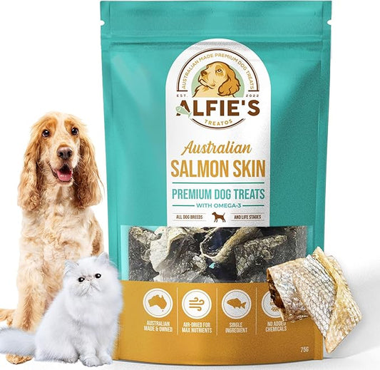 ALFIE'S TREATOS Salmon Skin Treats for Dogs & Cats (2.65 oz), Air-Dried Fish Skin Dog Treats, Omega-3 Food Topper & Training, Single Ingredient, Freeze-Dried Alternative