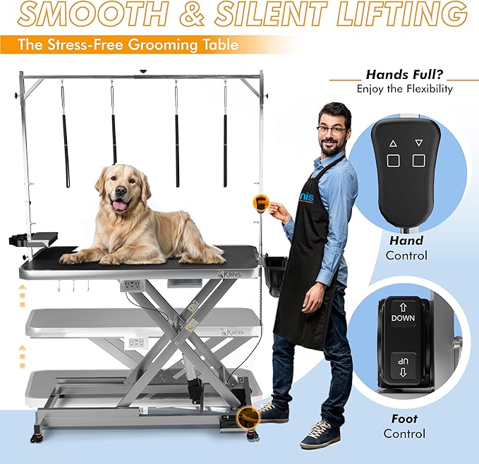 KANIS Professional Electric Dog Grooming Table - Heavy Duty, Height Adjustable Pet Grooming Table w/Leveling Wheels, Grooming Arm, Anti Slip Tabletop & Tool Organizer/Dog Grooming Station (49", Grey)