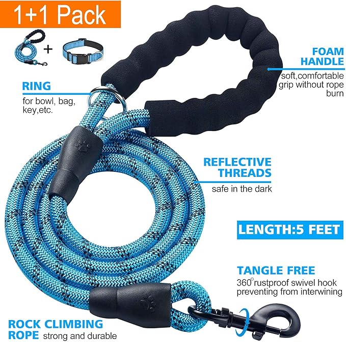 Reflective Dog Collar Padded with Soft Neoprene Breathable Adjustable Nylon Dog Collars for Small Medium Large Dogs (Large (Pack of 1), Vivid Blue Collar+Leash)