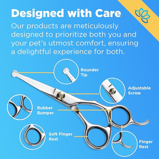 Equinox Dog Grooming Scissors & Deshedder - 7 in 1 Pet Grooming Scissors Set with undercoat brush - Curved Dog Scissors with safety tips - Includes Thinning & Rounded Shears - For dogs & cats