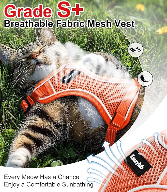Cat Harness and Leash for Walking Escape Proof Soft Adjustable Cat Leash Breathable Comfortable Vest Easy to Wear Kitten Harness for Outdoor Travel Orange S