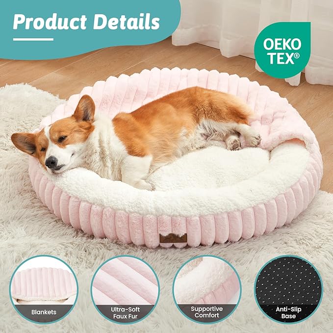 Small Dog Bed with Hooded Blanket, Round Fluffy Anti-Anxiety Pet Bed for Small Dogs & Medium Dogs, Cozy Donut Cuddler with Machine Washable Faux Fur & Anti-Slip Bottom(26"×26"×7",Pink)