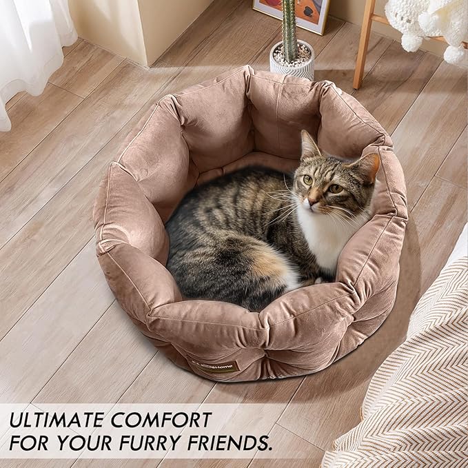 ClevaHome Deep Nest Cat Bed for Small Pets up to 15lbs - Round Cat Beds for Indoor Cats, Luxurious Velvet Feel, Extra High Sides, Machine Washable Comfort Pet Bed with Non-Slip Bottom (Warm Beige)