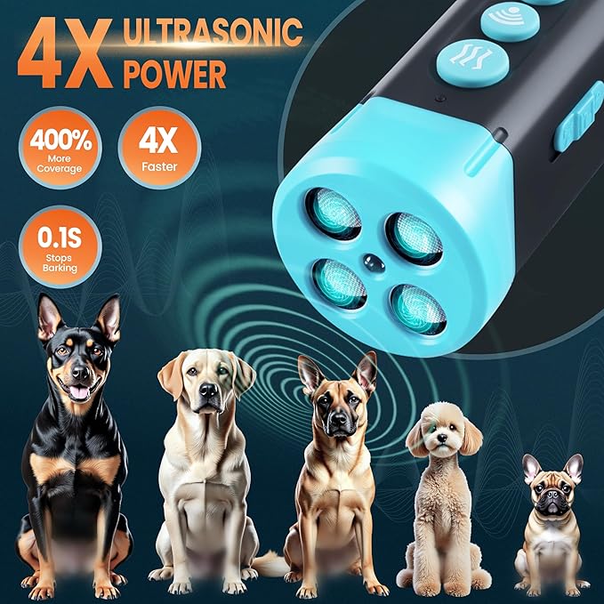 Upgraded Ultrasonic Dog Bark Deterrent, 4+1 Head with Sound Alarm Manual Frequency Adjustable No Shock Humane Training Device for Small/Medium/Large Dogs