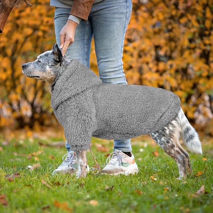Fuzzy Dog Hoodie Dog Sweaters for Large Dogs Soft Double-Sided Plush Fleece Sweater Clothes Coats Hoodie Sherpa Hooded Sweatshirt(Grey-L)