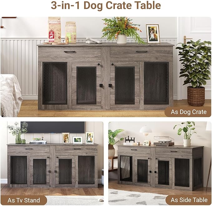 71 Inch Dog Crate Furniture for 2 Dogs，XXL Thick Wooden Double Kennel TV Stand w/Removable Divider - Heavy Duty Indoor Cage for Large Breeds (Gray, 71L* 23.6W* 33.5" H)