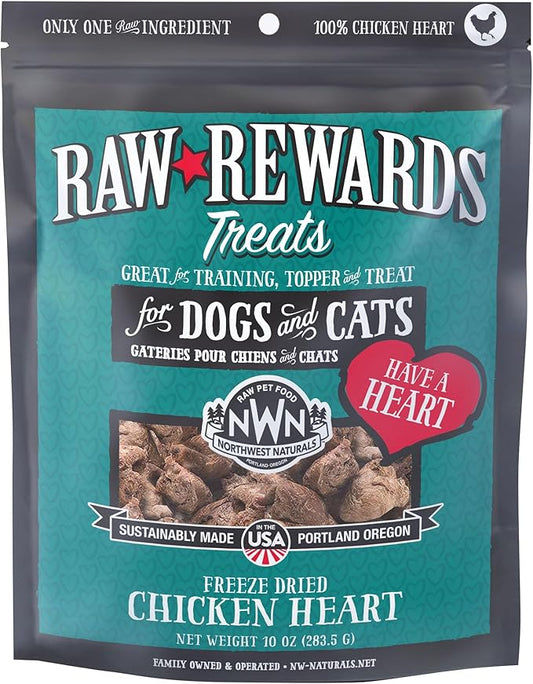 Northwest Naturals Raw Rewards Freeze-Dried Chicken Heart Treats for Dogs and Cats - Bite-Sized Pieces - Healthy, 1 Ingredient, Human Grade Pet Food, All Natural, Proudly Made in USA, 10 Oz