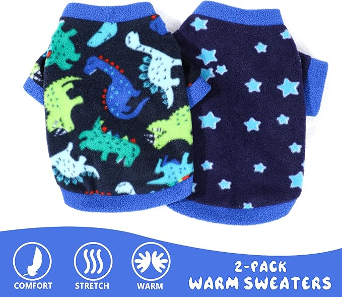 2 Pieces Dog Sweaters for Small Dogs, Fall Winter Fleece Dog Clothes, Soft and Warm Puppy Sweater Doggie Coat for Winter Pet Cloting for Chihuahua Yorkie (Stars, Dinosaurs, X-Small)