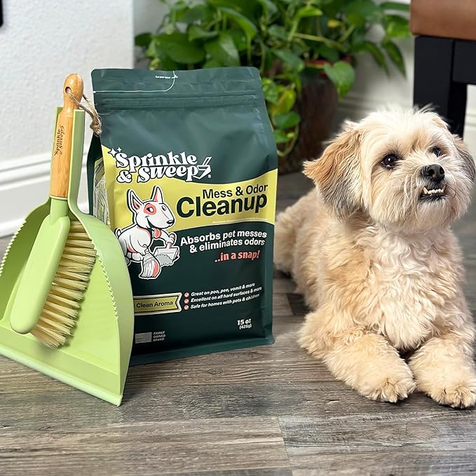 Sprinkle & Sweep Pet Accident Cleanup for all Hard Surface - Non Toxic Quick Pet Mess Cleaner & Odor Remover for Urine, Poop, Vomit, Diarrhea & Potty Training, Hair Balls (1Bag + Sweeper Kit)