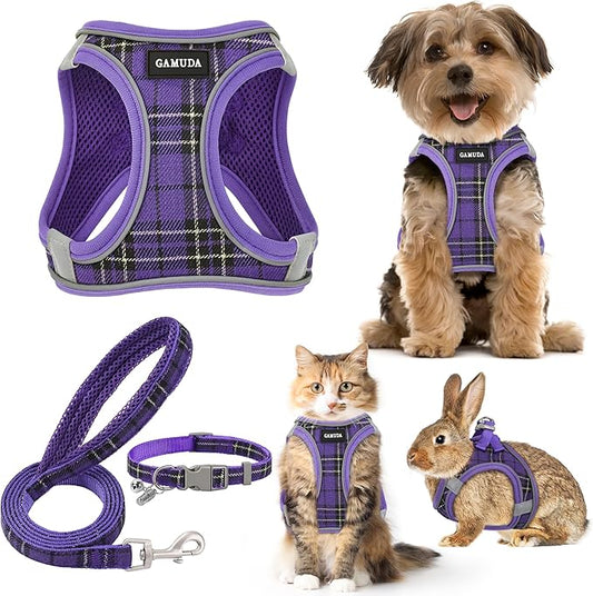 GAMUDA Small Dog Harness Collar and Leash Set, Step in No Chock No Pull Soft Mesh Adjustable Dog Vest Harnesses Plaid Reflective for Dogs Puppy Cats Kitten Rabbit (Purple, XXS)