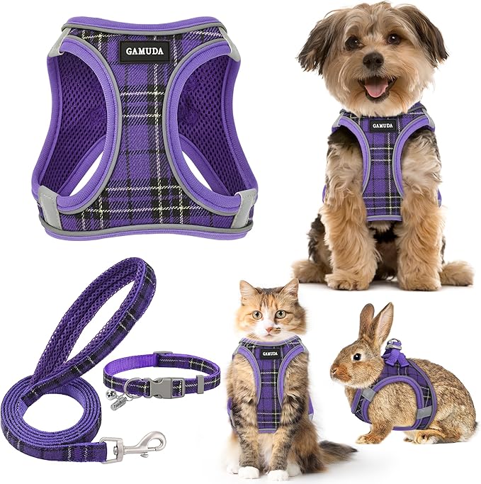 GAMUDA Small Dog Harness Collar and Leash Set, Step in No Chock No Pull Soft Mesh Adjustable Dog Vest Harnesses Plaid Reflective for Dogs Puppy Cats Kitten Rabbit (Purple, M)