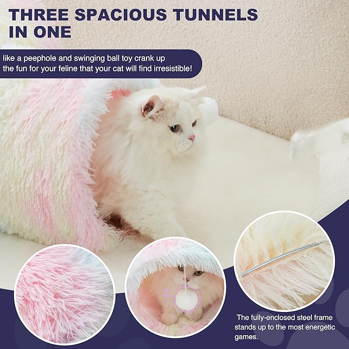 Tempcore Plush Pet Cat Tunnel Tube Cat Toys 3 Way Collapsible, Tunnels for Indoor Cats，Kitty Tunnel Bored Pet Toys Peek Hole Ball Puppy, Kitty, Kitten, Rabbit Rainbow