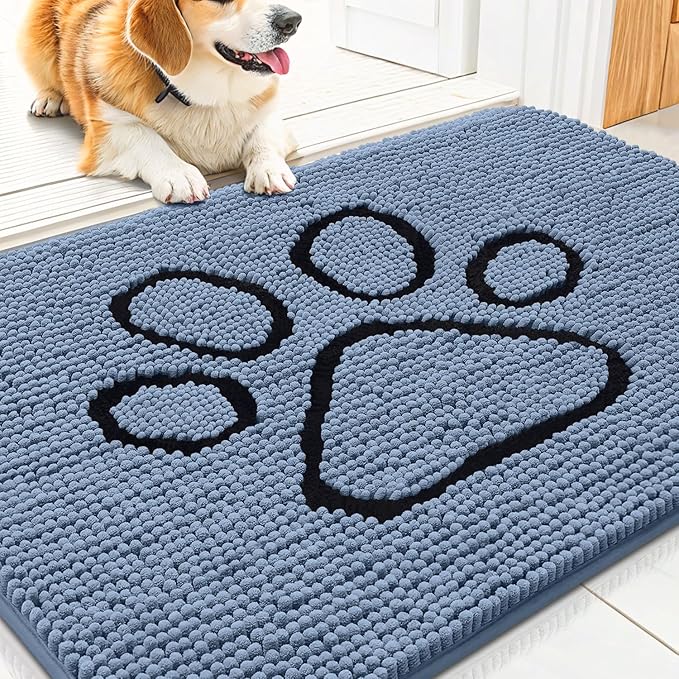Smiry Dog Door Mat for Muddy Paws, Absorbent Dirt Trapper Non Slip Quick Dry Washable Chenille Mat for Mud Dogs, Entry Rug for Indoor and Outdoor (30x20 Inches, Airy Blue and Black)