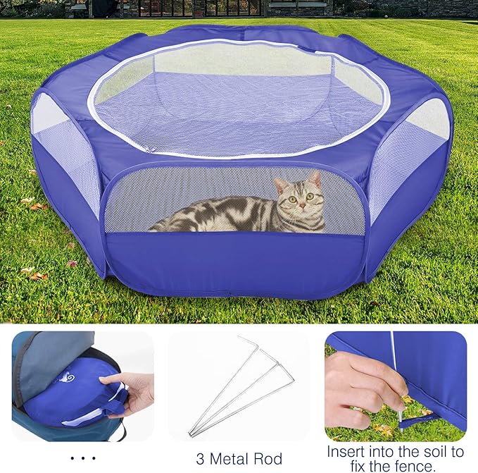 Pawaboo Small Animals Playpen, Waterproof Small Pet Cage Tent with Zippered Cover, Portable Outdoor Yard Fence with 3 Metal Rod for Chick/Kitten/Puppy/Guinea Pig/Rabbits/Hamster/Chinchillas,Indigo