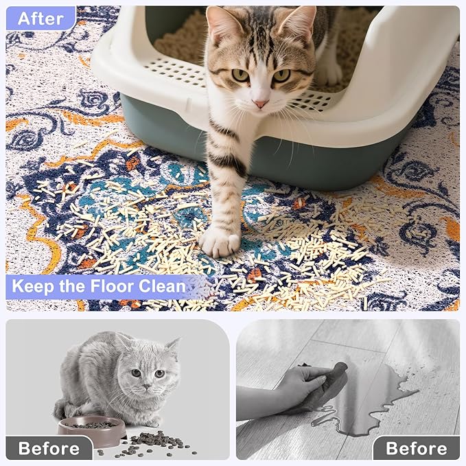 Bienbee Cat Litter Mat, 24" x 15" Litter Box Mat Rug with Non-Slip Bottom, Easy to Clean Cat Supplies Accessories Essentials for Indoor Kitty Kitten Floor, Blue M