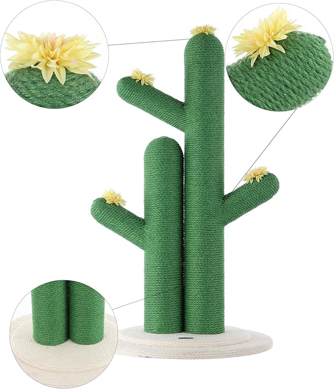 CTR1005A Socorro 34.25" Modern Jute Double-Cactus Cat Scratching Post with Flower Toys, Green/White