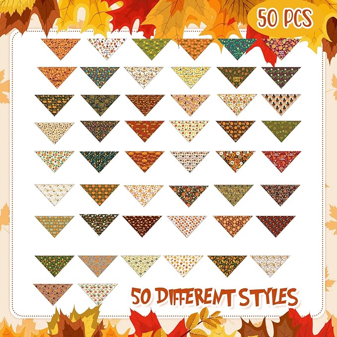 Abbylike 50 Pcs Dog Bandanas Bulk Pet Scarfs Triangle Bibs Adjustable Washable Puppy Kerchief Seasonal Pet Costume Accessories Grooming Supplies for Small Medium Large Dogs Cats(Fall)