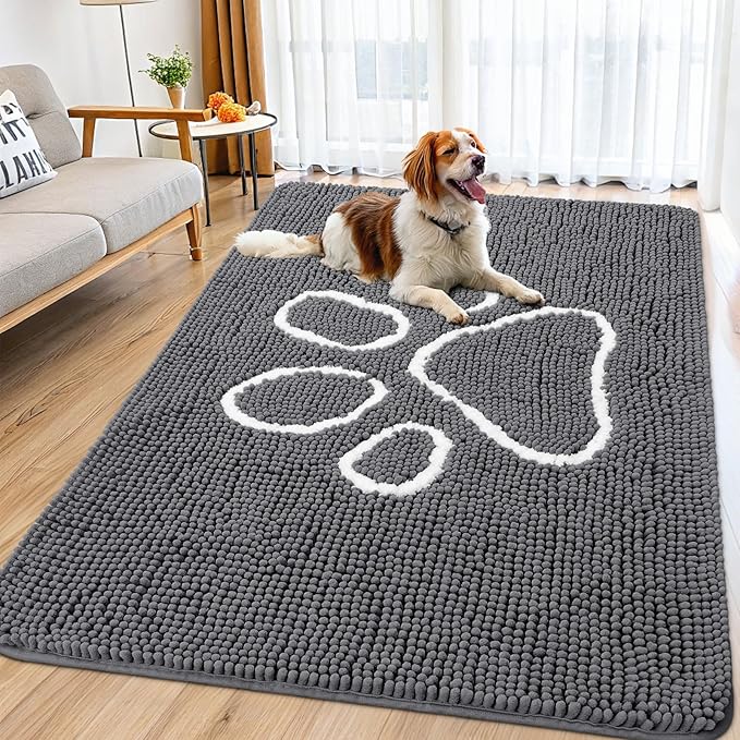 Smiry Dog Door Mat for Muddy Paws, Absorbent Dirt Trapper Non Slip Quick Dry Washable Chenille Mat for Mud Dogs, Entry Rug for Indoor and Outdoor (71x46 Inches, Dark Grey and White)