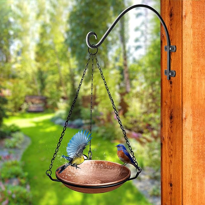 Monarch Abode Pure Copper Hand Hammered Hanging Bird Bath and Feeder w/ Iron Chain, 17-inch Detachable Iron Chain Outdoor Birdbath and Birdfeeder for Garden Backyard Patio & Deck, Bird Water Feeder