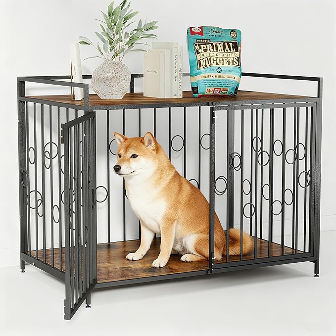 Heavy Duty 42 Inch Dog Crate with Table Top, Chew Proof Waterproof Furniture Style Kennel for Large Dogs, Indoor Wooden Finish Metal Cage Pet Home