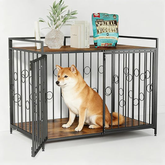 Heavy Duty 42 Inch Dog Crate with Table Top, Chew Proof Waterproof Furniture Style Kennel for Large Dogs, Indoor Wooden Finish Metal Cage Pet Home