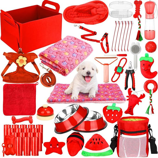 Abbylike 50 Pcs Puppy Supplies Starter Kit for Small Dogs Puppy Essentials Includes Leash, Bowls, Teeth Brushes, Water Bottle, and More Accessories for Dogs Christmas Welcome Gift(Red)