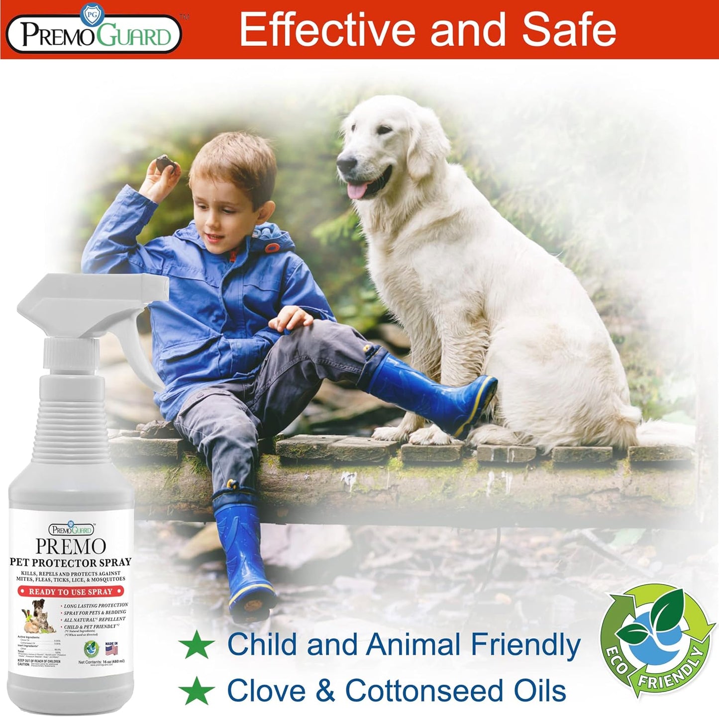 Premo Guard Pet Protector Spray - 16 oz - Kills Mites, Fleas, Ticks, & Mosquitoes - for Dogs, Cats, & Home - Natural Plant Based Oils for Control, Prevention & Treatment - Family Safe