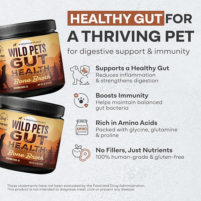 Wild Foods Dog Bone Broth Powder – 100% Natural & 16oz US Made Bone Broth for Dogs Support Digestion, Gut & Joint Health – Non Fillers Rich in Gelatin, Glutamine & Proline