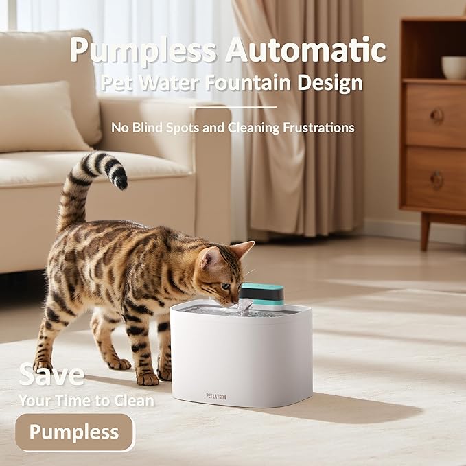 PET LAYSON Pumpless Cat Water Fountain,Smart Cordless Dog Fountains 3.6L/122oz with Maglev Valve Technology Wireless Rechargeable Battery Water Dispenser 8 Filters,2 Nozzles(White01, M1-8 Filter)