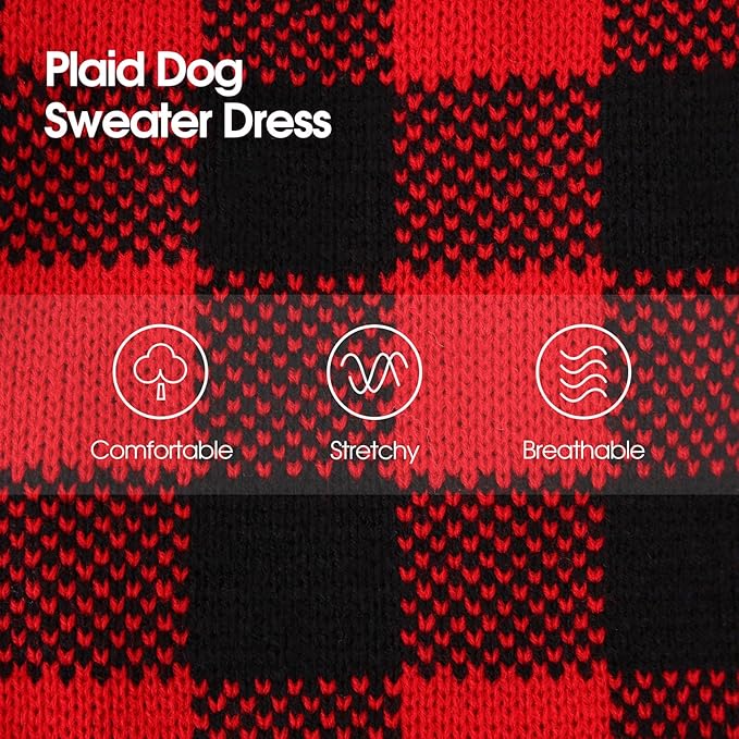 Dog Sweater Dress Plaid Knitwear for Small Medium Dogs Warm Puppy Pet Turtleneck Stretch Pullover Cute Fall Winter Vest Clothes with Leash Hole for Christmas (Red, 2XL)