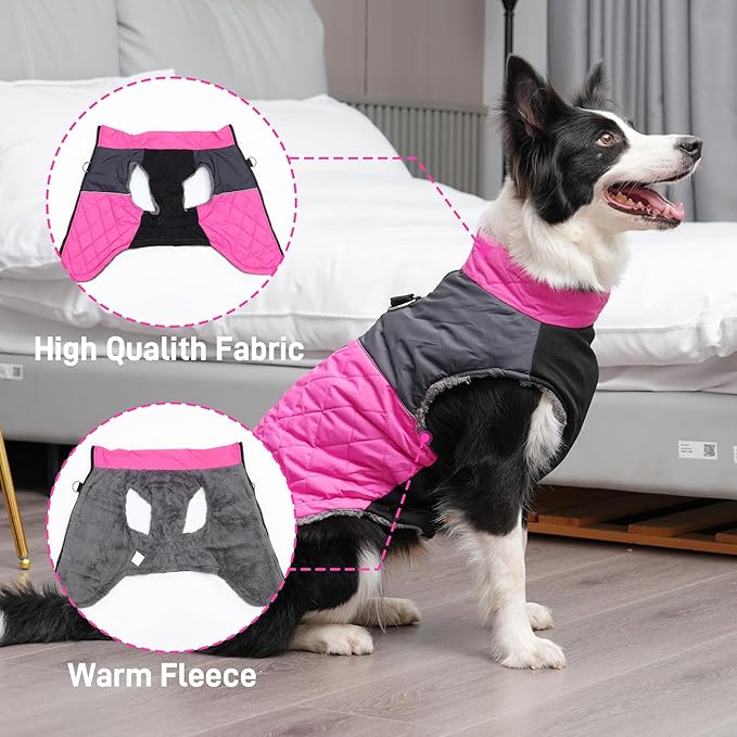 Warm Fleece Dog Coats for Medium Dogs,D-Rings Waterproof Puppy Jacket for Cold Winter,Pink L