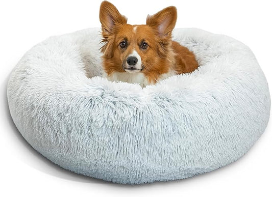 Best Friends by Sheri Original Calming Donut Dog and Cat Bed, Shag Faux Fur, Frost Gray, (30in x 30in) - Anxiety Relief for Pets Up to 45 lbs