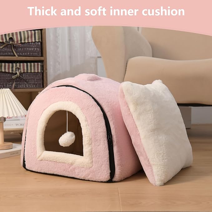 Cat Bed for Indoor Cats，Foldable cat cave，Anti-Slip & Water-Resistant Bottom，cat Houses for Indoor Cats or Small Dogs, Kitten Tent, Rabbit Bed，2 in 1 pet Bed (Pink)