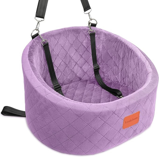 Dog Car Seat for Small Dogs Up to 30 Lbs,Ultra Soft Fabric Fill in Comfy Memory Foam,Happy Pet Ride,2 Safety Dog Leashes,Fully Detachable and Washable,Anti Slip Base(Purple)