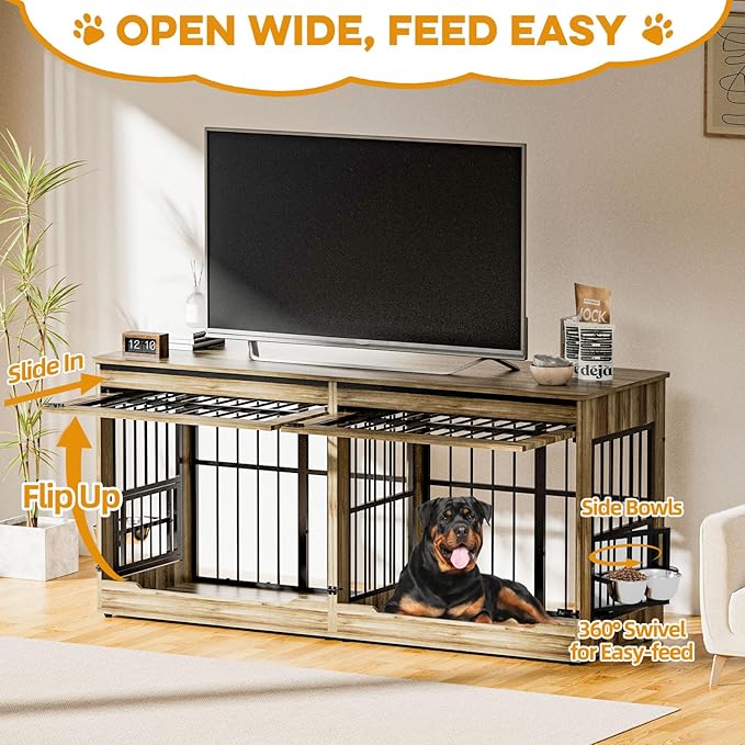 78" Double Dog Crate Furniture with Divider, Thick Wooden Indoor Dog Kennel Furniture with Swivel Bowls for 2 Dogs, Decorative Pet Cage End Table with Wheels for Extra Large Breed, Rustic Brown