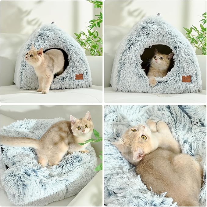 CATISM Cat Beds for Indoor Cats 2 in 1 Cat Bed Cave Machine Washable Fluffy Cat Cave Bed Foldable Non-Slip Washable Cushioned Pillow Soft Plush Premium Cotton Pet Bed for Kittens and Small Dogs Gray L