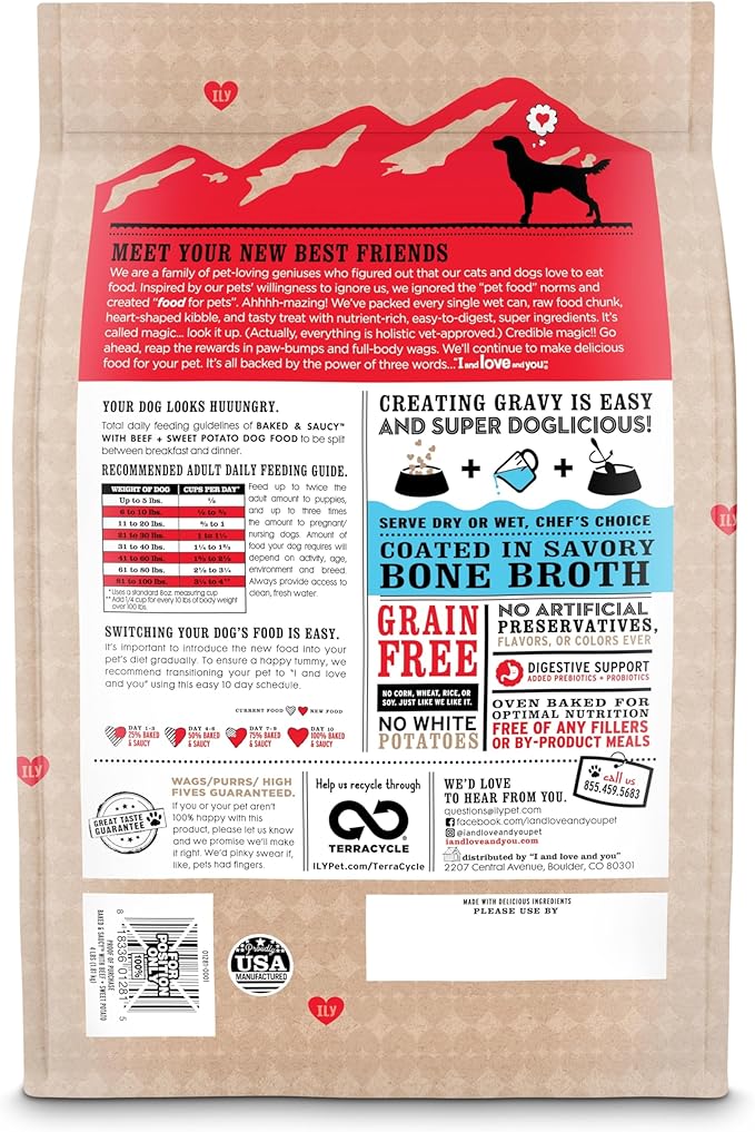 I AND LOVE AND YOU Baked and Saucy Dry Dog Food - Beef + Sweet Potato - Prebiotic + Probiotic, Real Meat, Grain Free, No Fillers, 4lb Bag