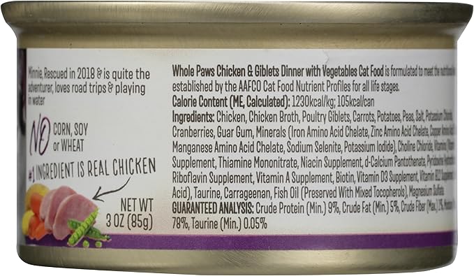 Whole Paws, Grain-Free Wet Cat Food, Chicken & Giblet Loaf Dinner with Vegetables, 3 Ounce