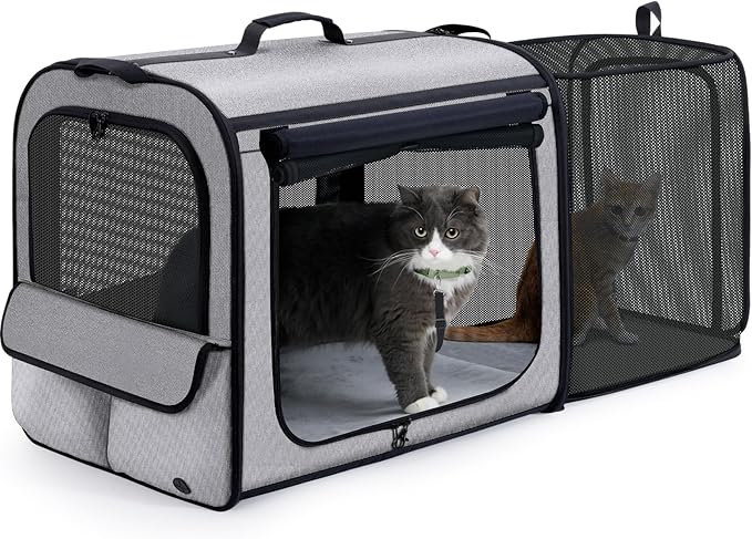 pecute Dog Car Carrier Stable and Light Weight, Expandable Extra Space Dog Carrier for Cars, Breathable Dog Car Crate, Foldable Pet Carrier for Both Indoor and Outdoor Use, Pet Travel Crate Gray