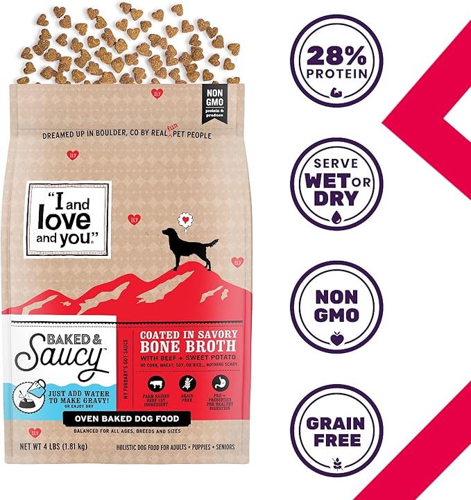 I AND LOVE AND YOU Baked and Saucy Dry Dog Food - Beef + Sweet Potato - Prebiotic + Probiotic, Real Meat, Grain Free, No Fillers, 4lb Bag