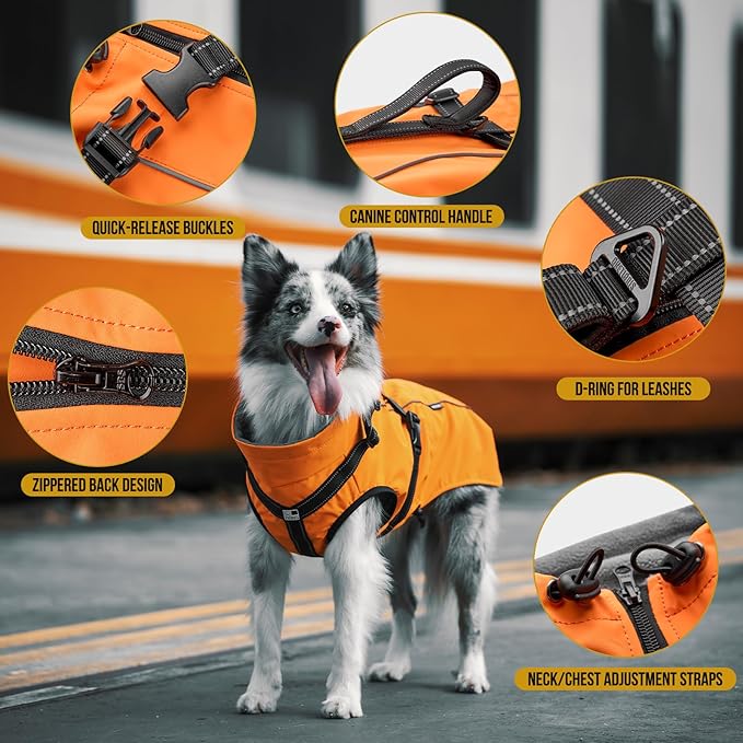 OneTigris Dog Coat with Harness - Reflective Adjustable Coats for Medium and Large Dogs, Waterproof Warm Winter Coat, Soft Heavy Fleece Lining with Back Zipper Dog Jackets
