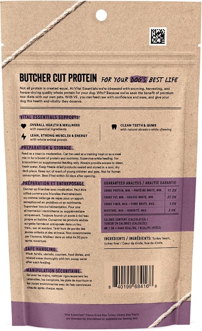 Vital Essentials Turkey Giblets Dog Treats, 2 oz | Freeze-Dried Raw | Single Ingredient | Premium Quality High Protein Training Treats | Grain Free, Gluten Free, Filler Free