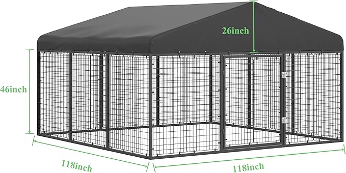 Outdoor Dog Kennel Steel for Medium/Small Dogs Anti-Rust Coating Cage with Roof All Weather Resistant Dog House with Double Locks (118" W x 118" D x 72.5" H)