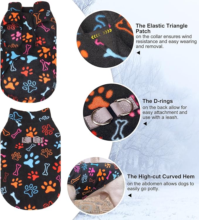 BEAUTYZOO Small Dog Sweater Fleece Vest Winter Jacket, D-Ring Leash Attachment for XS S Puppy Medium Sized Breeds Dogs, Cold Weather Dog Clothes Windproof Keep Warm, Black Bones Paw M