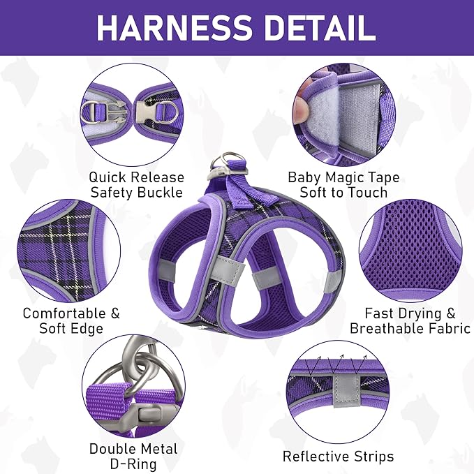 GAMUDA Small Dog Harness Collar and Leash Set, Step in No Chock No Pull Soft Mesh Adjustable Dog Vest Harnesses Plaid Reflective for Dogs Puppy Cats Kitten Rabbit (Purple, M)