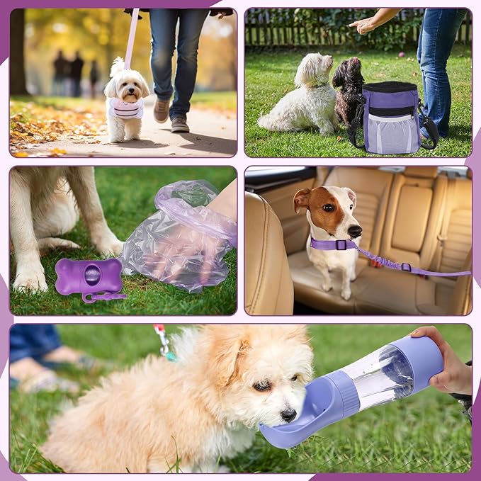 Abbylike 50 Pcs Puppy Supplies Starter Kit for Small Dogs Puppy Essentials Includes Leash, Bowls, Teeth Brushes, Water Bottle, and More Accessories for Dogs Christmas Welcome Gift(Purple)